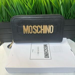 Moschino Black Leather Wallet with Gold Lettering